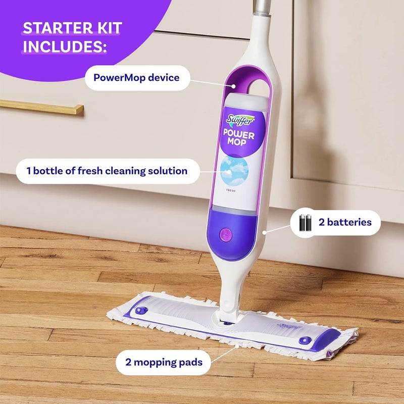 Swiffer مجموعة ممسحة متعددة الأسطح PowerMop لتنظيف الأرضيات، تشمل ممسحة PowerMop، 2 قطع إضافية من وسادة المسح، 1 محلول تنظيف برائحة منعشة و 2 بطاريات - Image 4